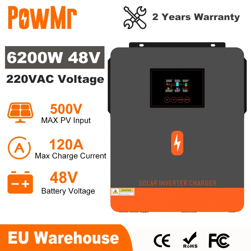 PowMr 6.2KW гибридный солнечный инвертор на сетке Чистая синусоида Инвертор 48V 230V двойной выход с MPPT 120A солнечное зарядное устройство