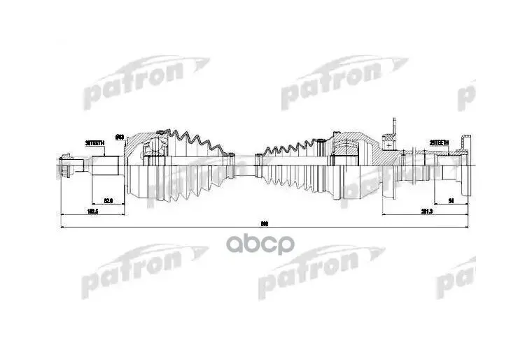 Полуось 38x883x26 Vw: Multivan 2,0bitdi 09-, Transporter V 2,0tdi 09- PATRON арт. PDS0384