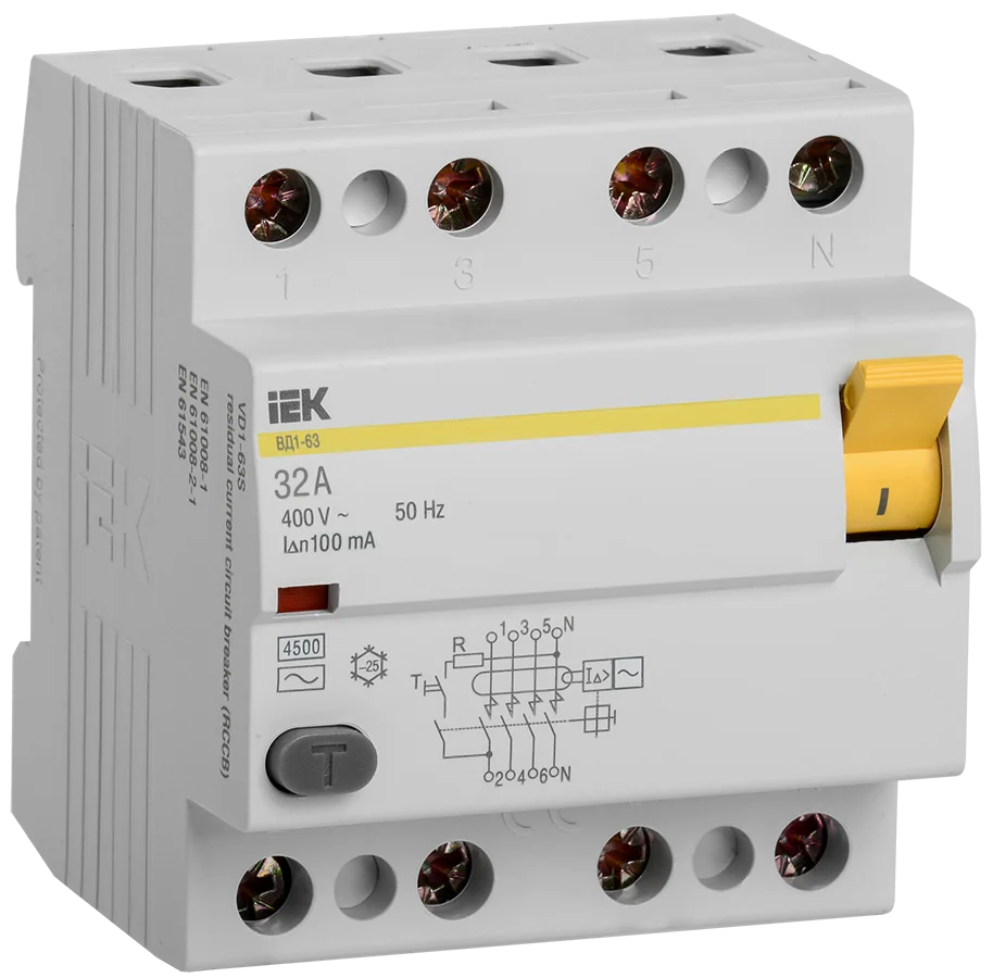 Выключатель дифференциальный (УЗО) ВД1-63 4Р 32А 100мА IEK MDV10-4-032-100