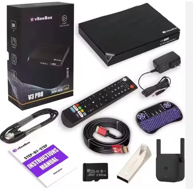 ТВ-приставка vSeeBox V3 Pro 2024 на Android V4 с голосовым дистанционным управлением, мини-клавиатурой с подсветкой и кабелем 8K (4 Гб ОЗУ + 32 Гб ПЗУ)