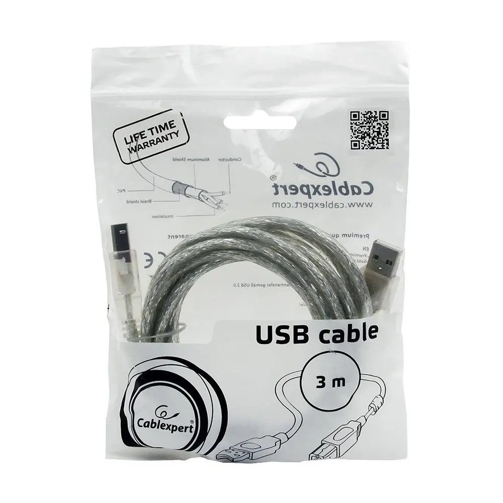 Кабель USB 2.0 Pro Cablexpert, AMBM, 3м, экран, ферритовое кольцо, прозрачный, пакет (CCF-USB2-AMBM-TR-10) (art.: 3920bdd7d3014) - 3920bdd7d3014