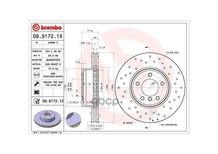 Диск Торм.Пер.Bmw 5 (E60) 02-10/6 (E63,E64) 03-10 324x30 (Перф. Xtra Line) 34116753221 Brembo арт. 09.9172.1X