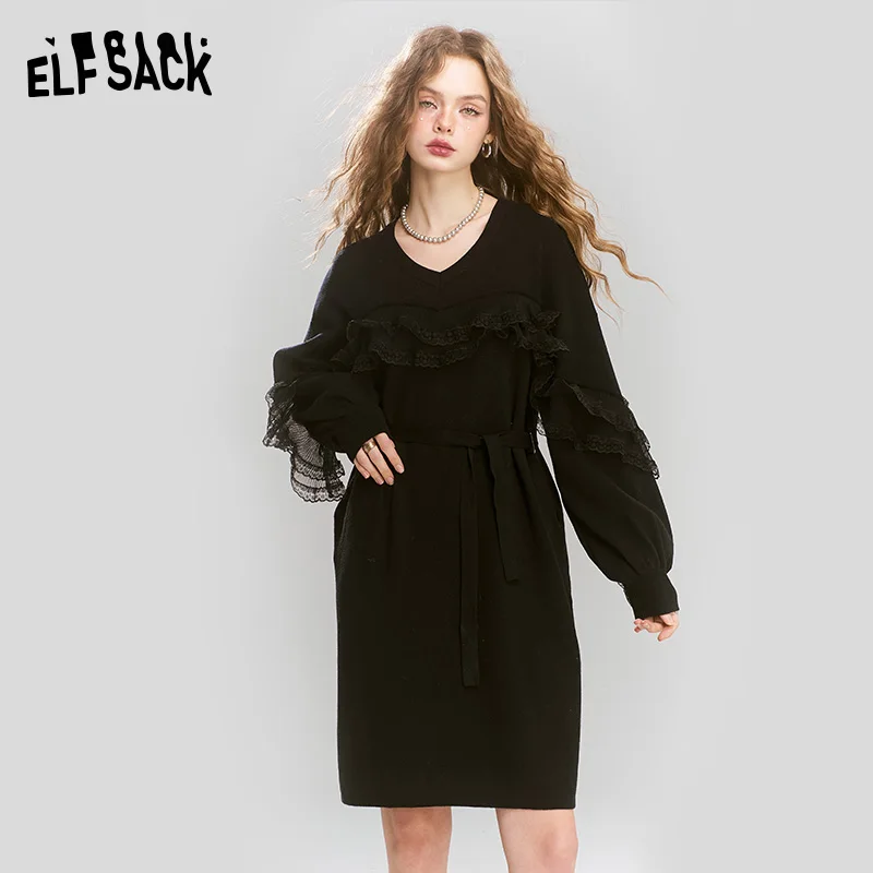 Фото ELFSACK 2024 Winter New Arrivals Knitted dress black mesh splicing v-neck female elegant №2