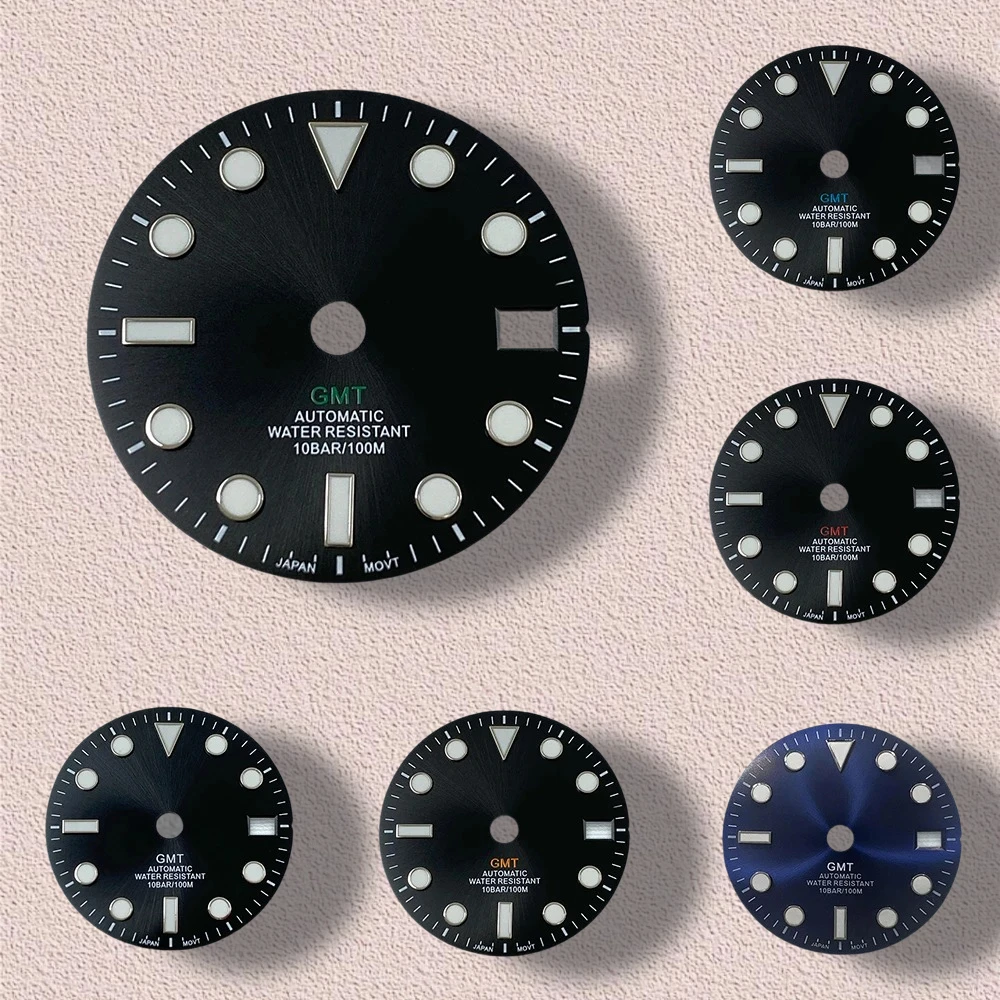 28,5 мм GMT S логотип Sunburst циферблат подходит для механизма NH34 зеленый светящийся высококачественный циферблат модификация часов аксессуары 3/3,8/4O'clock