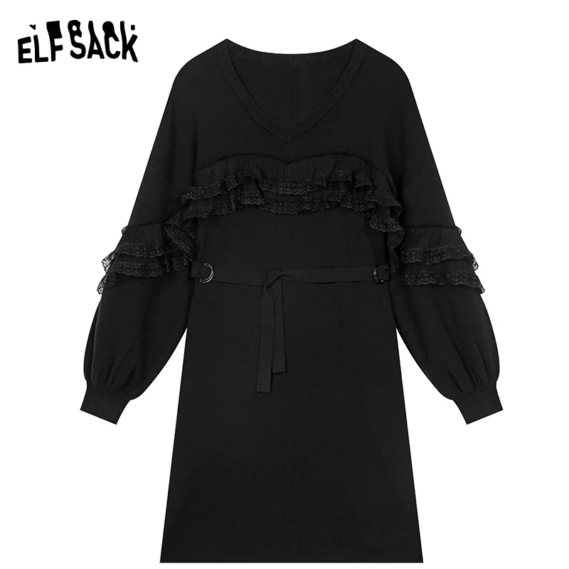 Фото ELFSACK 2024 Winter New Arrivals Knitted dress black mesh splicing v-neck female elegant №5
