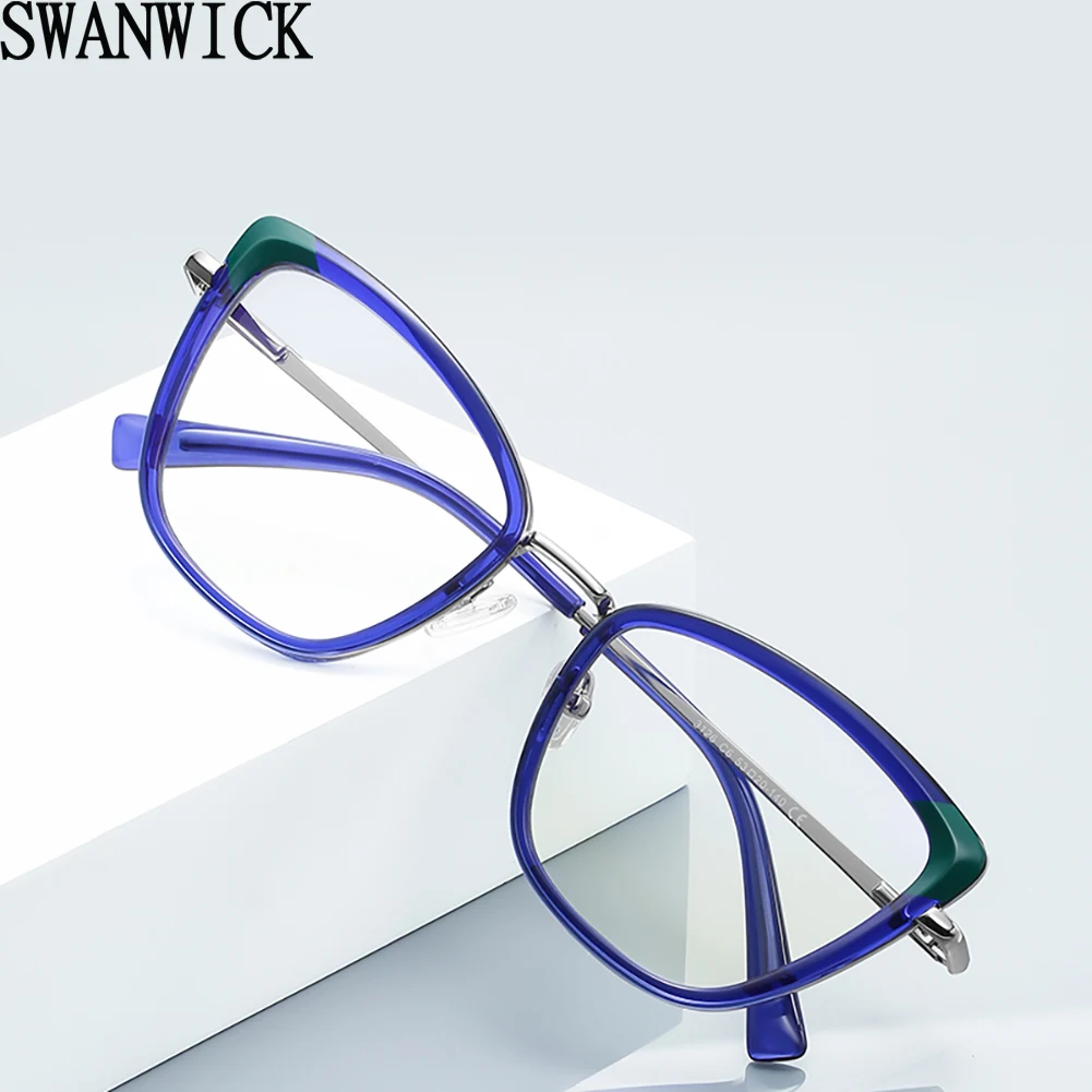 Swanwick, оправа для очков с блокировкой синего света, модные женские очки TR90 «кошачий глаз», женские прозрачные линзы, черные, синие полуметаллические