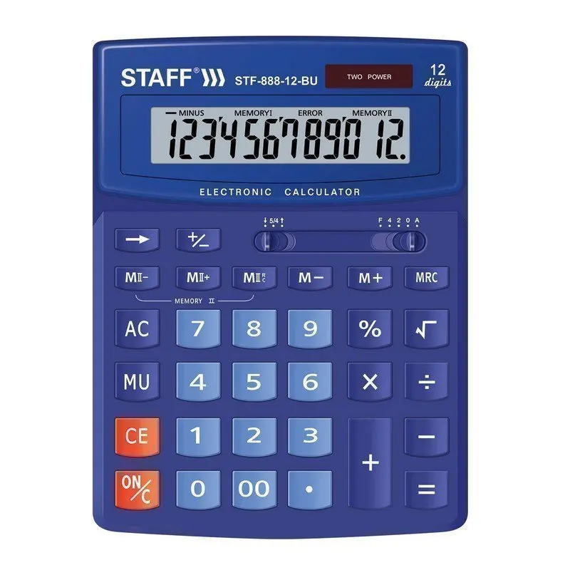 STAFF Калькулятор настольный STF-888-12-BU (200х150 мм) 12 разрядов, двойное питание, СИНИЙ 250455