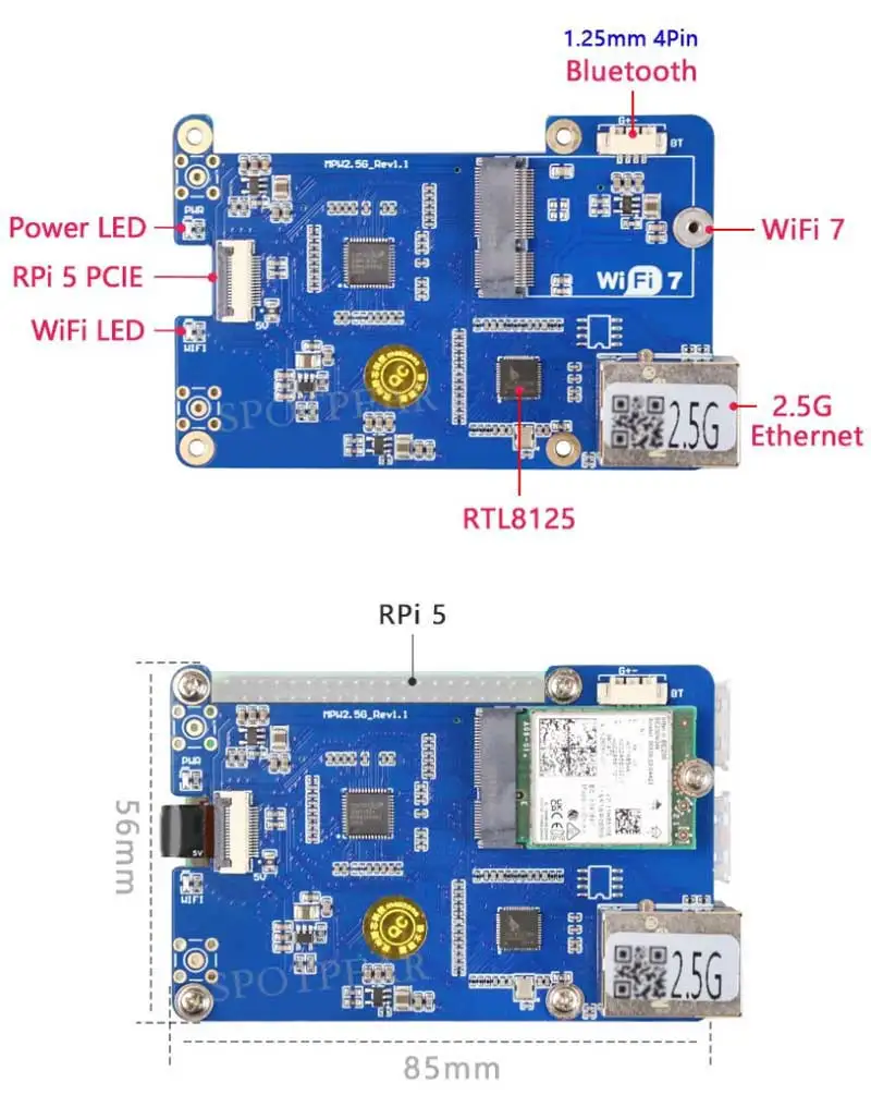 Фото Raspberry Pi 5 PCIe к Wi-Fi 7 с 2,5G Ethernet RJ45 1,25 мм 4-контактный USB-штекер M.2 E KEY RTL8125 для WiFi7 WiFi6 WiFi5 №5