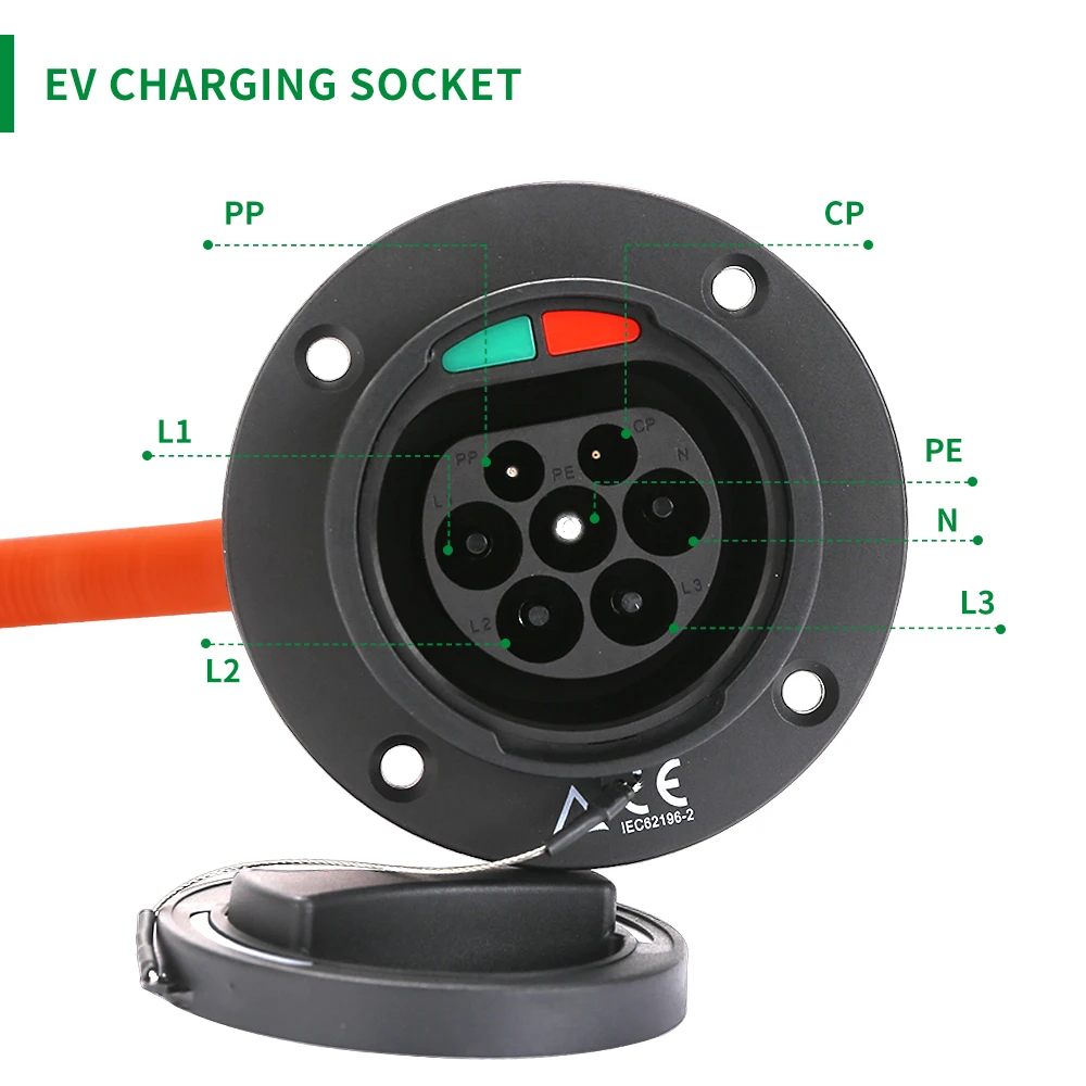 Фото EV Тип зарядки 2 разъем 32 А одиночный трехфазный IEC 62196 ‑ 2 разъем IP54 водонепроницаемая защита №2