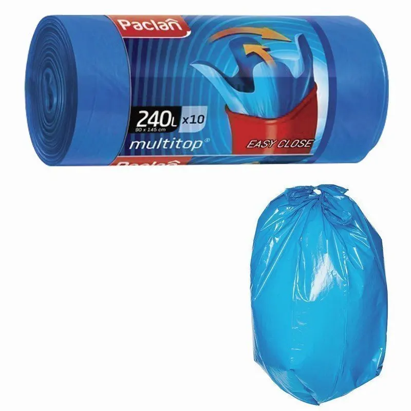 PACLAN Мешки для мусора 240 л, с ушками, синие, рулон 10 шт, ПВД, 40 мкм, 90х145 см, 