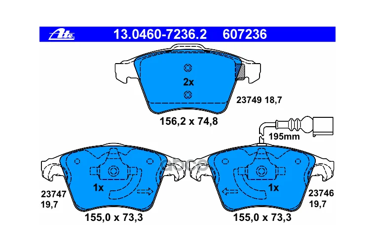 Колодки Торм.Пер./Дат. Vw Multivan V 1.9-3.2/Tdi/V6 04/03/Transporter V 1.9-3.2/Tdi/V6 04/03 Ate арт. 13-0460-7236-2