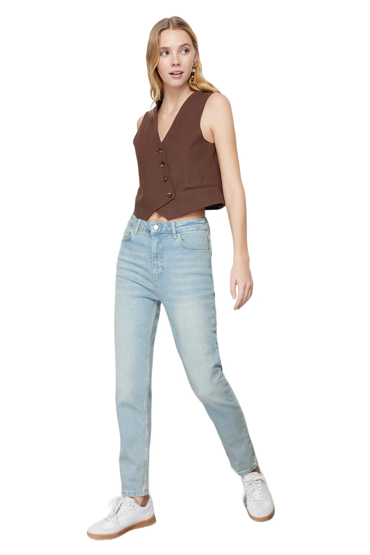 Модные женские однотонные джинсы Mom Denim с завышенной талией