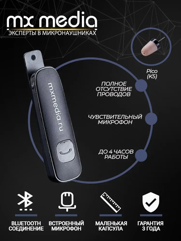 Беспроводной капсульный микронаушник MXMEDIA PowerBox mini Pico