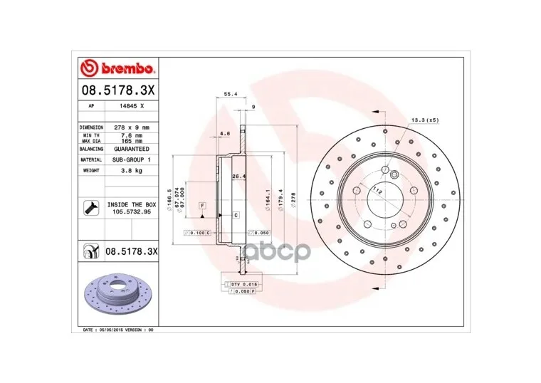 0851783x_диск Тормозной Задний! Перфорир. D=278 Mb W202/W203/W210 1.8-3.2 Brembo арт. 0851783X