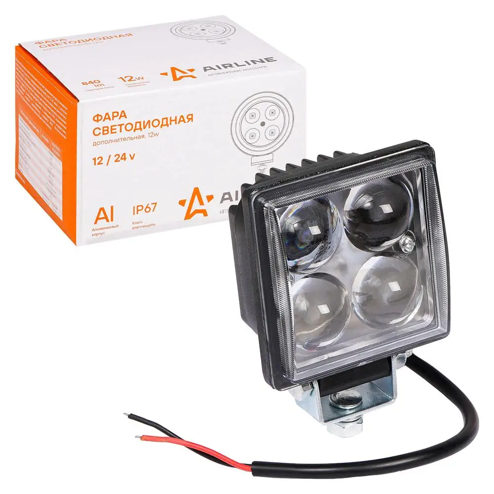 Фара светодиодная квадратная, 4 LED направленный свет, 12W (76х76х46) 12/24V AIRLINE ALED001 ALED001