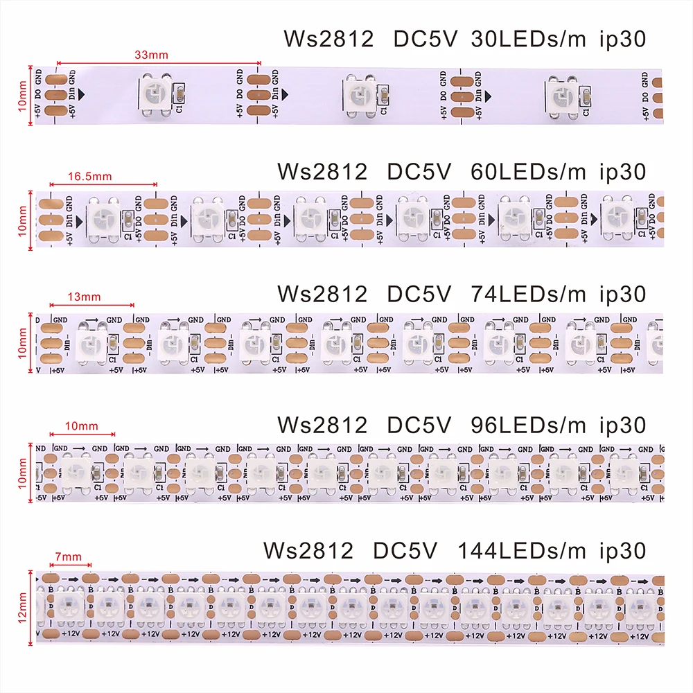 Фото WS2812B WS2811 WS2815 WS2813 Светодиодные ленты RGBIC 30/60/144 пикселей на метр Индивидуально адресуемые интеллектуальные светильники DC5V/12V №2