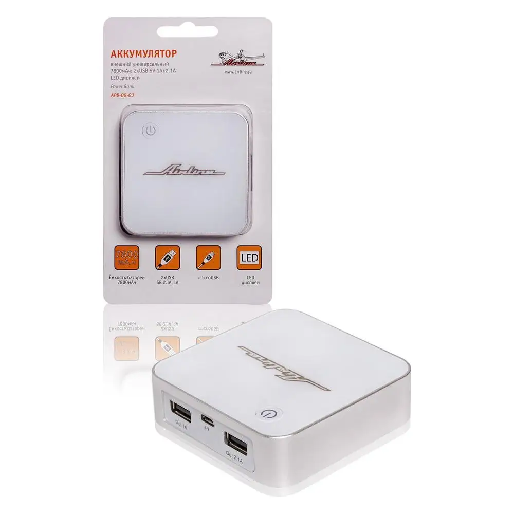 Аккумулятор внешний универсальный 7800мАч: 2хUSB 5V 1A+2.1A LED дисплей AIRLINE APB-08-03 APB0803