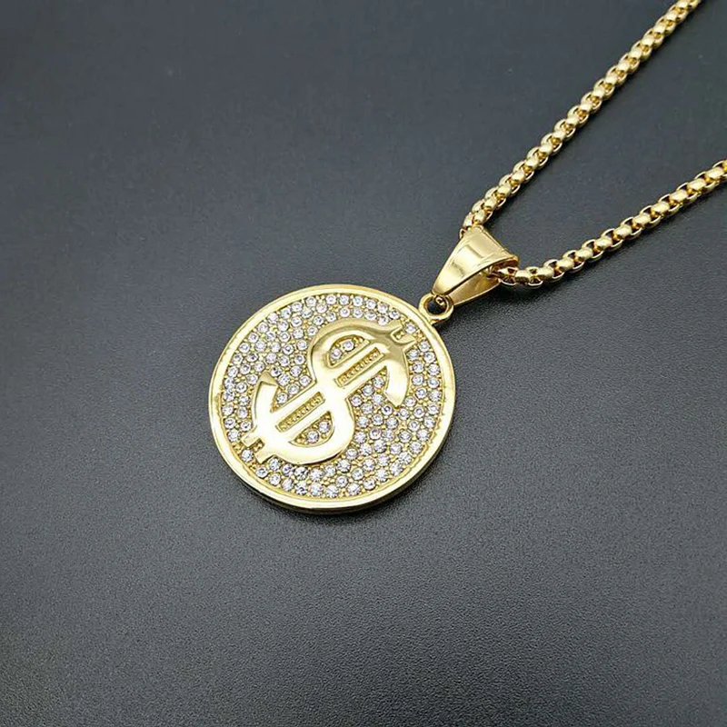 Фото Хип-хоп Bling Iced Out из нержавеющей стали знак доллара круглые подвески ожерелье для мужчин рэпер ювелирные изделия золотого цвета Прямая доставка №4