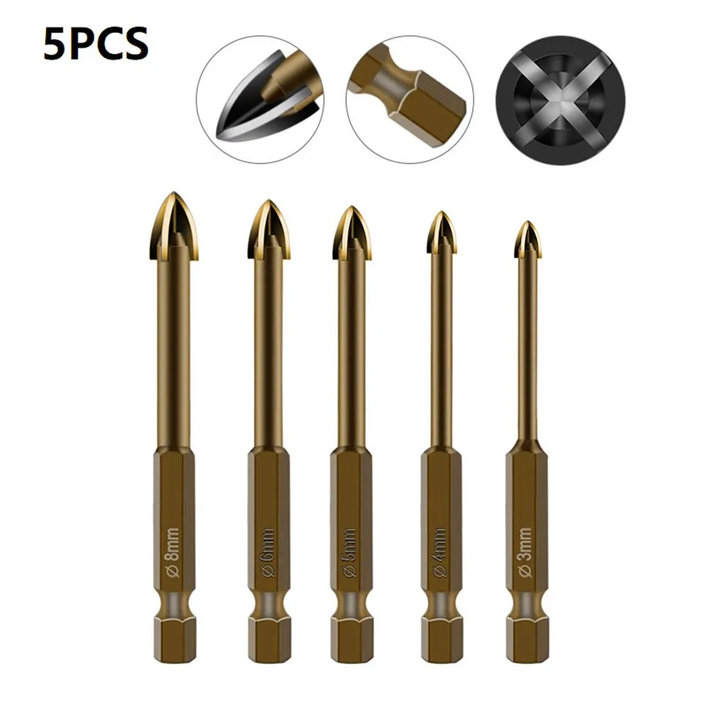 5Pcs Efficient Universal Drilling Tool Drill Bit Cross Hex Tile Bits Glass Ceramic Concrete Hole Opening Power Tools