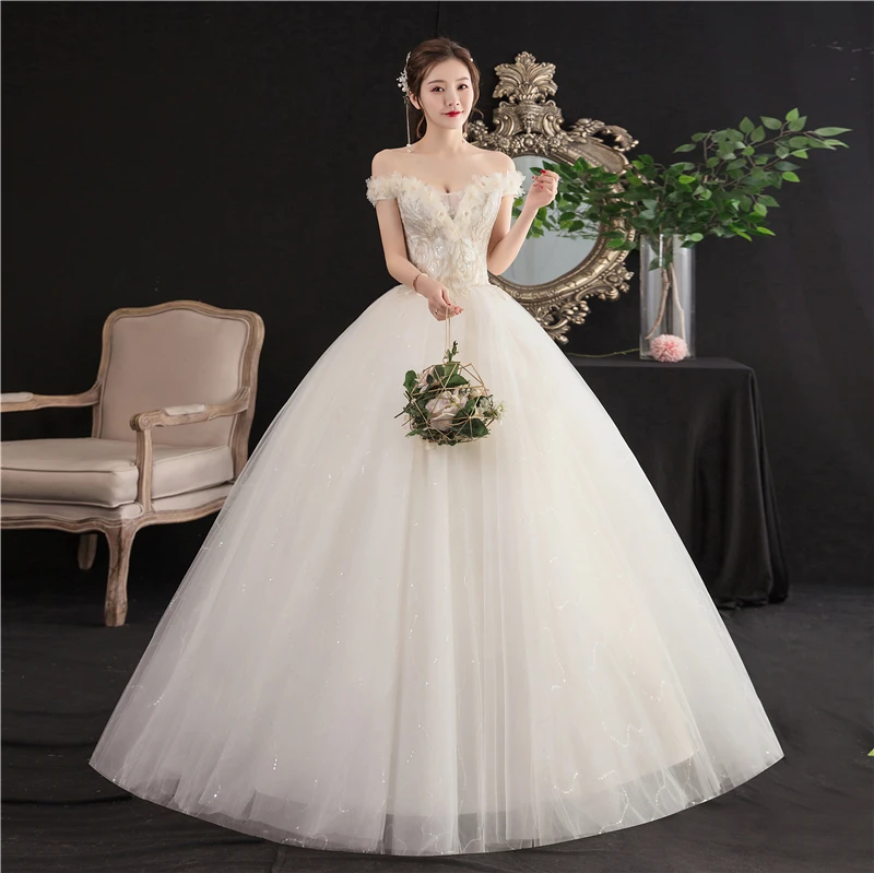Фото Новое сексуальное свадебное платье Vestidos de Novia с открытыми плечами и рукавами, кружевное бальное платье с вышивкой и цветами, свадебное платье принцессы №4