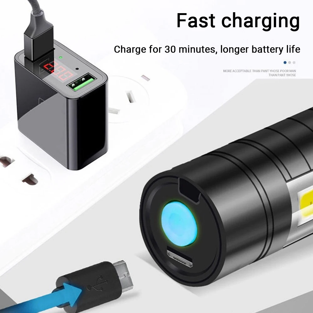 Фото T6 карманный светодиодный фонарик мощный фонарь Zoom USB перезаряжаемый портативный фонарик из алюминиевого сплава Водонепроницаемый 3 режима аварийный фонарик №5