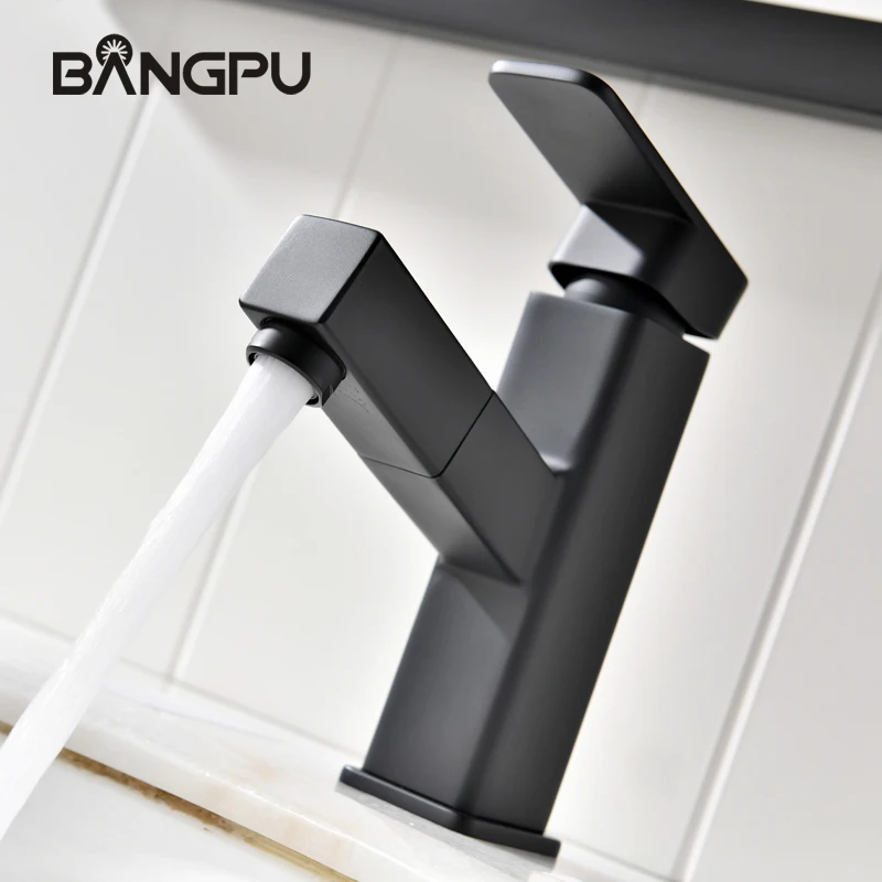 Фото Черный смеситель для раковины BANGPU, выдвижной смеситель для раковины с 1 отверстием, смеситель для ванной комнаты, смеситель для раковины, смеситель с одной ручкой для крепления на раковину №3
