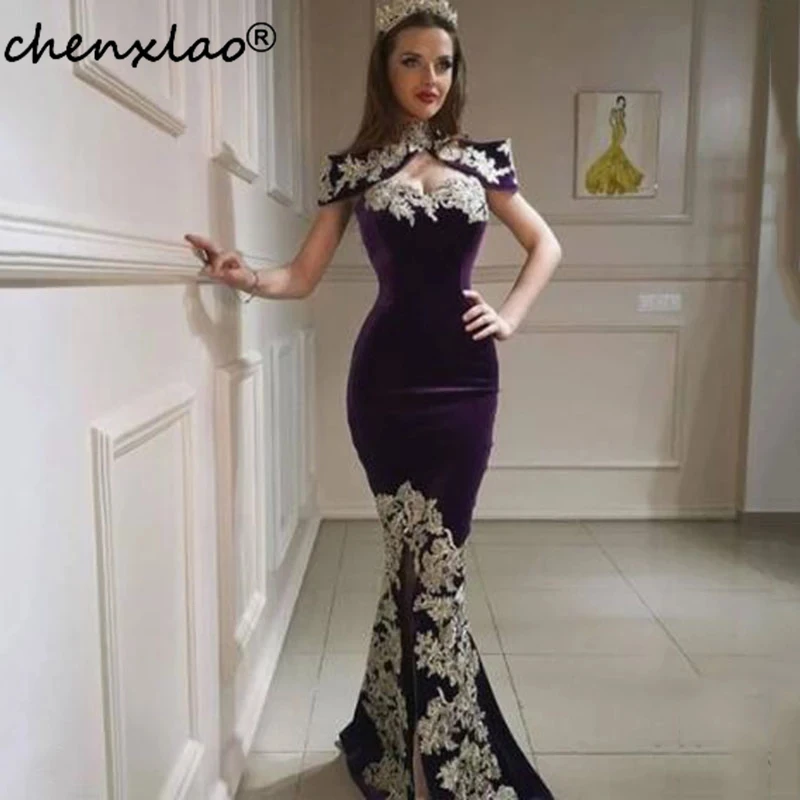 Фиолетовые Вечерние платья Chenxiao с юбкой-годе, без бретелек, велюр, с разрезом, мусульманская Золотая аппликация, кафтан, изысканный, Алжир, Саудовская Аравия
