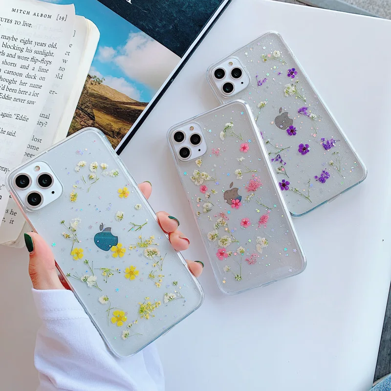 Противоударный Прозрачный чехол для iPhone 11, 12, 13 Pro Max, X, XS, XR, XS Max, 6, 7, 8 Plus, SE 2, с сухими цветами