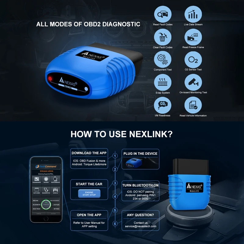 Диагностический сканер NEXAS NexLink Bluetooth 5,0 для IOS, Android и ПК OBD2EOBD, считыватель кодов неисправностей, диагностический сканер (art.: 3920ca8c775e4) - 3920ca8c775e4
