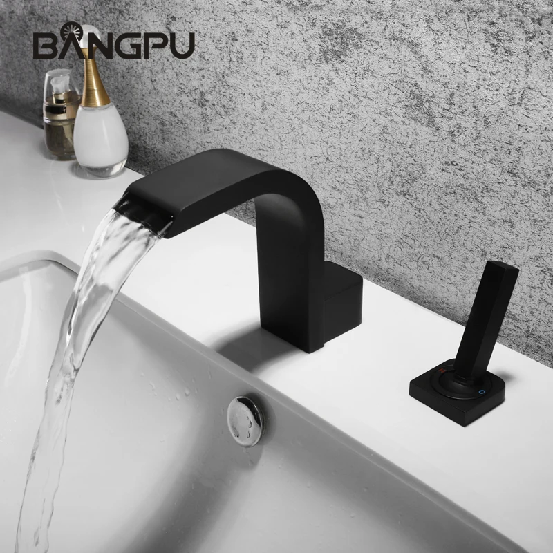 Черный смеситель для ванной комнаты BANGPU, смеситель для раковины «Водопад», смеситель для раковины с одной ручкой, смеситель для ванной комнаты с 2 отверстиями, смеситель из твердой латуни с креплением на раковину
