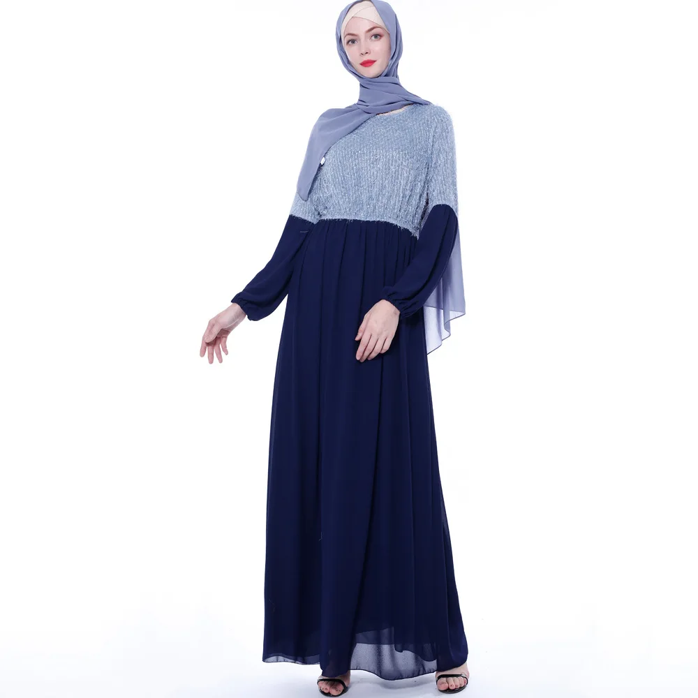 Фото Модное платье Дубай Abaya с круглым вырезом исламский кафтан халат турецкий шифон женское мусульманское Элегантное макси платье №1