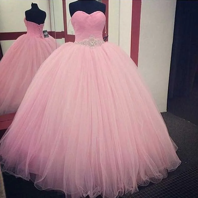 Фото Розовое бальное платье из тюля Quinceanera Платья с блестящими кристаллами и бисером на шнуровке Vestidos De 15 Quinceañera Party Sweet 16, по индивидуальному заказу №2