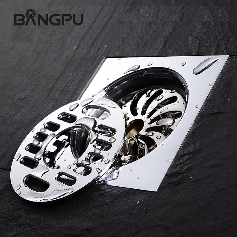 Фото Квадратный Слив для душа BANGPU 10x10 см, съемный напольный слив из твердой латуни для ванной комнаты со съемным строительным элементом, хромированный Слив для ванной комнаты №5
