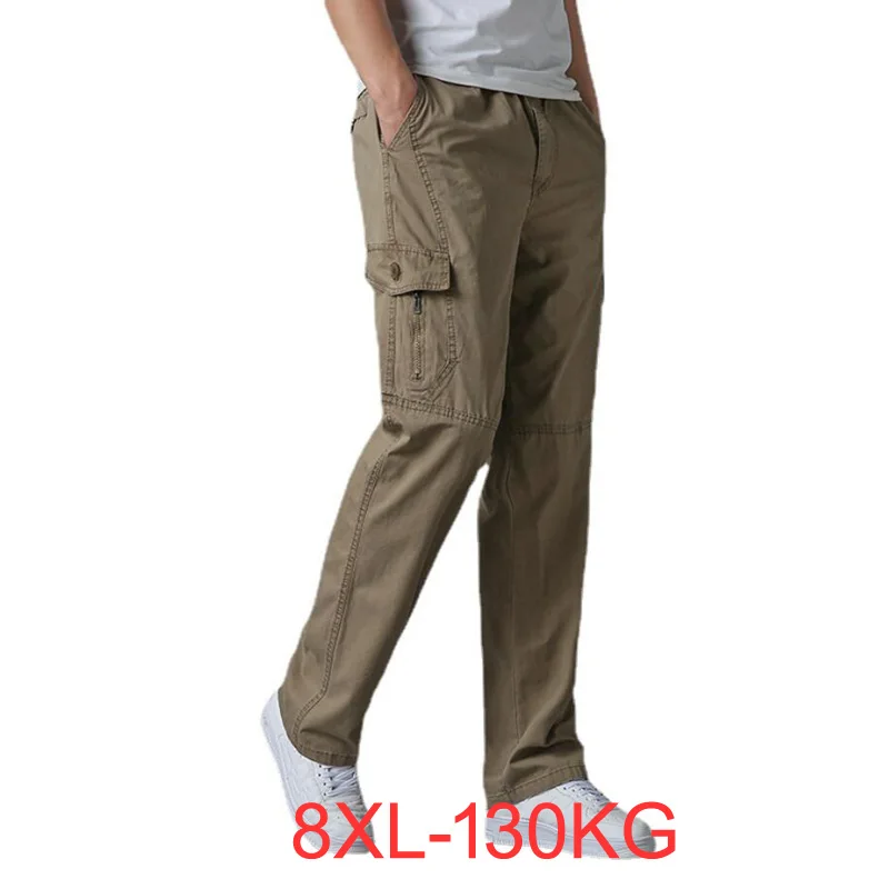 8XL 5XL XL Летние мужские брюки-карго с карманом на молнии, брюки большого размера, простые армейские зеленые брюки, прямые брюки, свободные серые