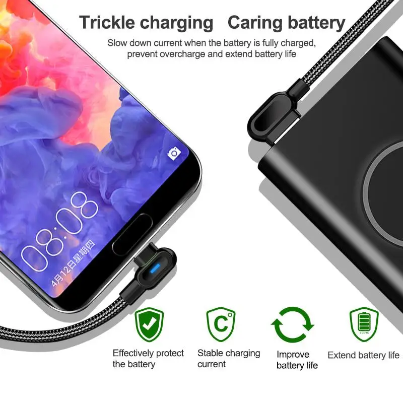 Фото USB-кабель типа C, шнур для быстрой зарядки, а, нейлоновые светодиодные фотокабели, 90 градусов, для IPhone, Huawei, Xiaomi Poco x3 pro, кабель для передачи данн... №3
