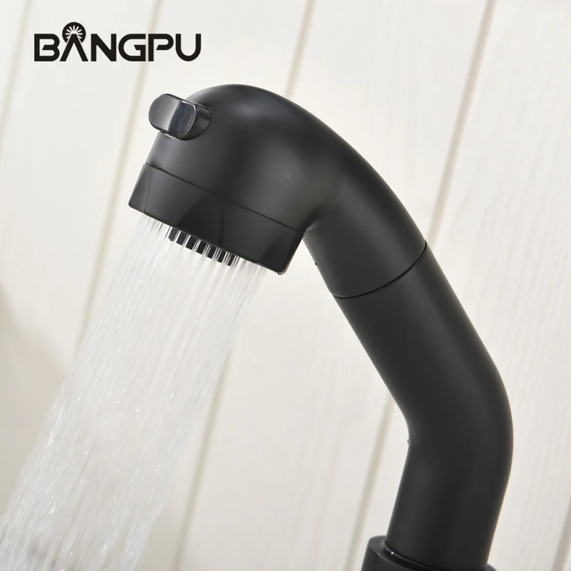 Фото Выдвижной смеситель для раковины BANGPU с одной ручкой, выдвижной смеситель для раковины с 1 отверстием, смеситель для раковины в ванную комнату, черный смеситель для раковины с креплением на раковину №4