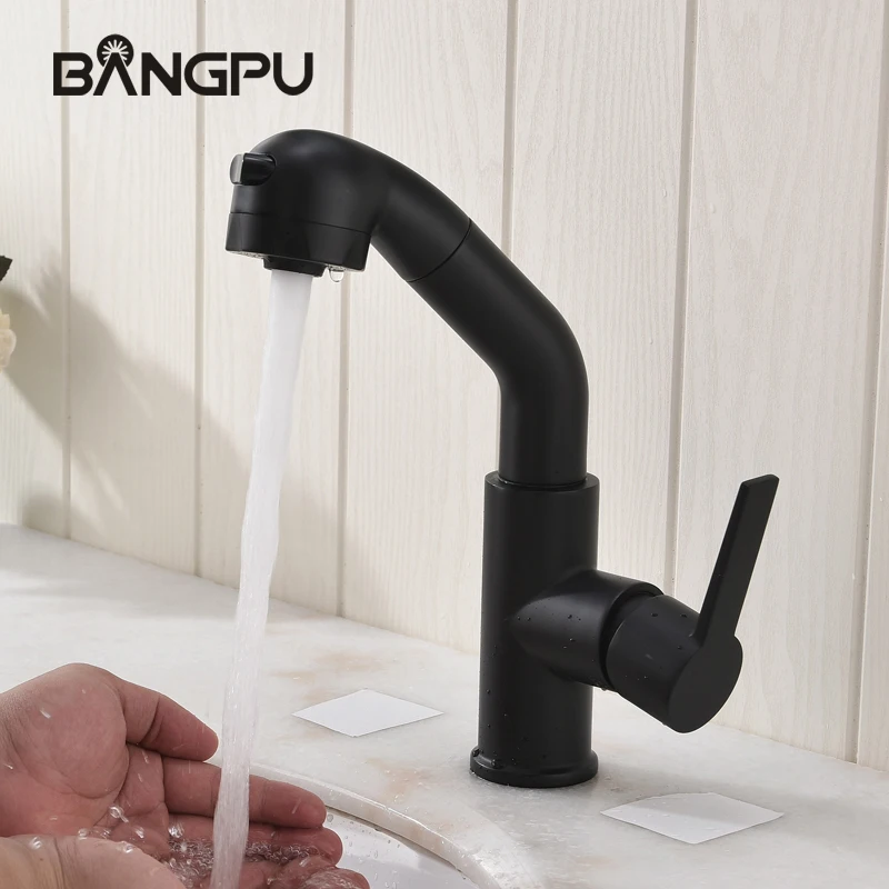 Выдвижной смеситель для раковины BANGPU с одной ручкой, выдвижной смеситель для раковины с 1 отверстием, смеситель для раковины в ванную комнату, черный смеситель для раковины с креплением на раковину