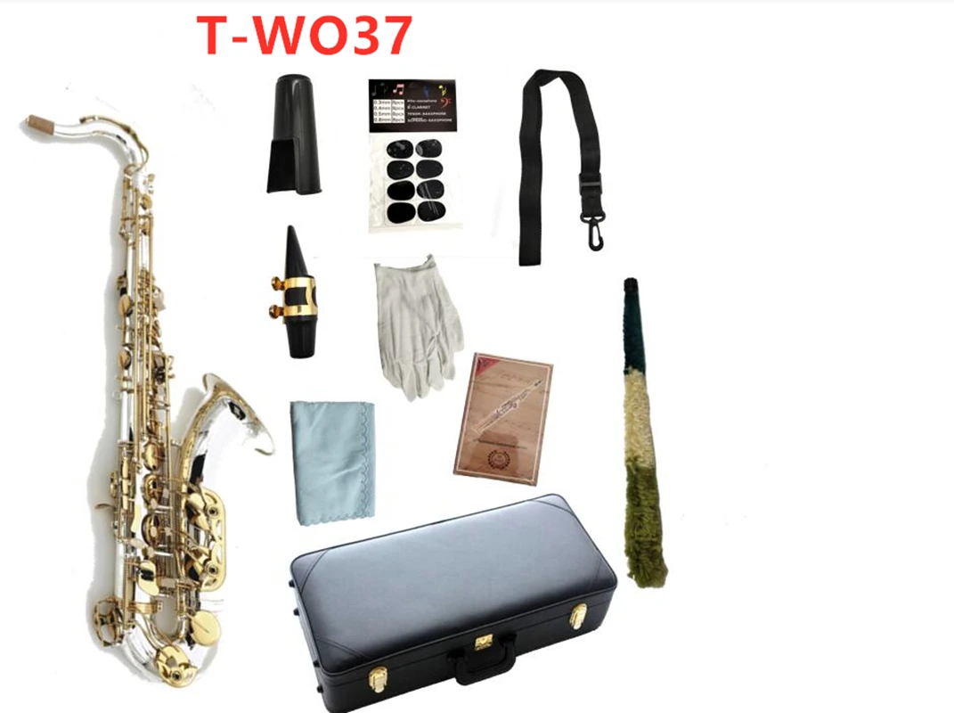 T-WO37 Тенор-саксофон Bb Tune Музыкальные инструменты Посеребренный корпус Золотой лак Ключевой саксофон с футляром Мундштук