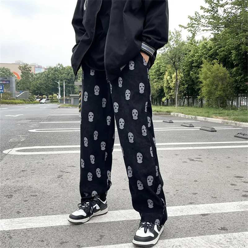 Фото 2022 Pantalones holgados de pana para hombre, Pantalon informal с принтом, completo de Calavera, стиль pijo, хип-хоп, №3