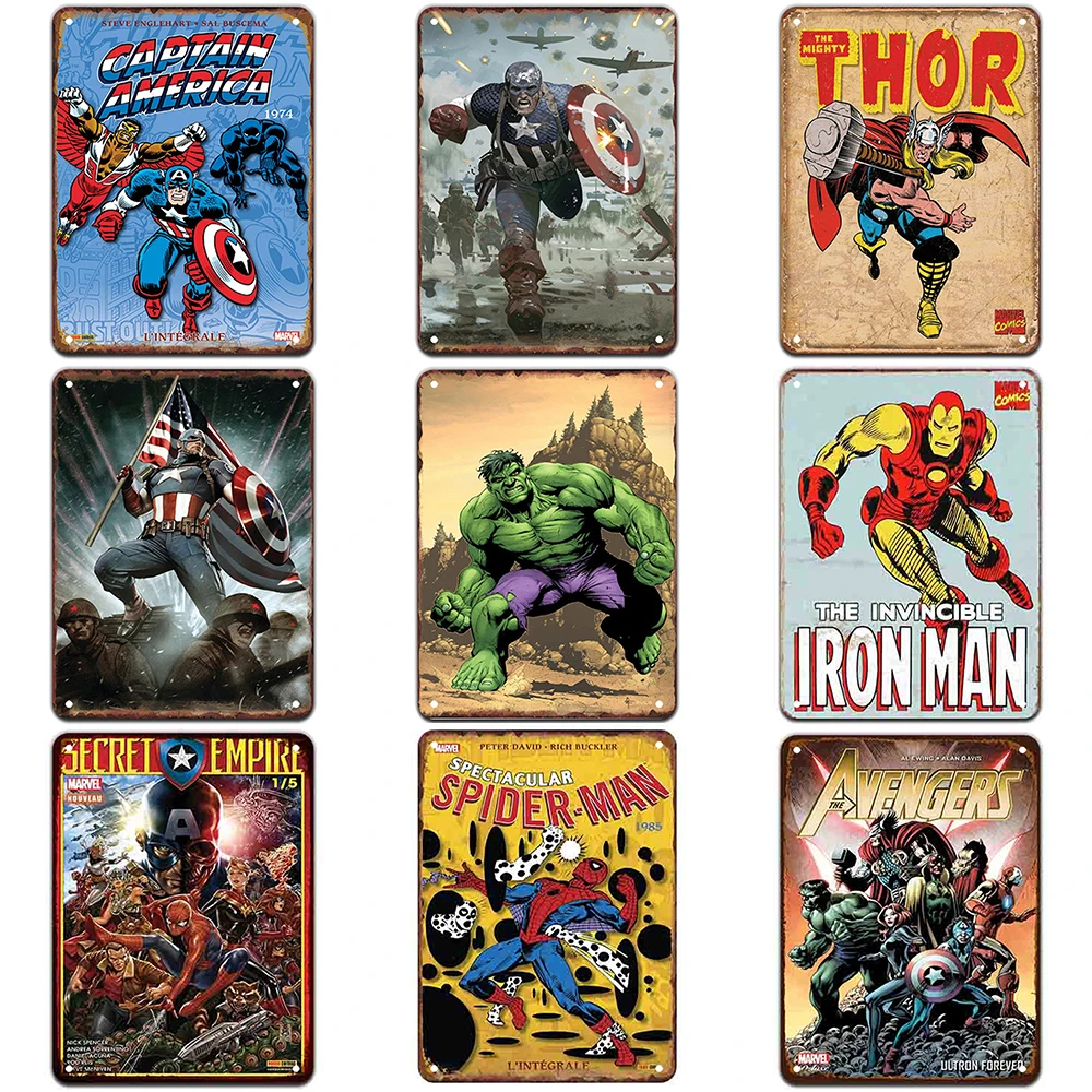 Постеры из олова с изображением героев фильма Marvel, Человек-паук, Капитан Америка, Арт, кафе, бар, винтажная металлическая живопись, настенная...