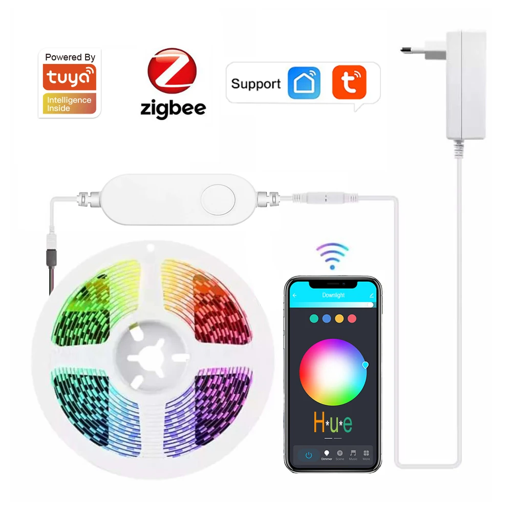 Умная водонепроницаемая светодиодная лента Zigbee, 5 м, 12 В постоянного тока, RGB CCT RGBCW контроллер, работает с умными вещами, Alexa Echo Plus Tuya MQTT Google