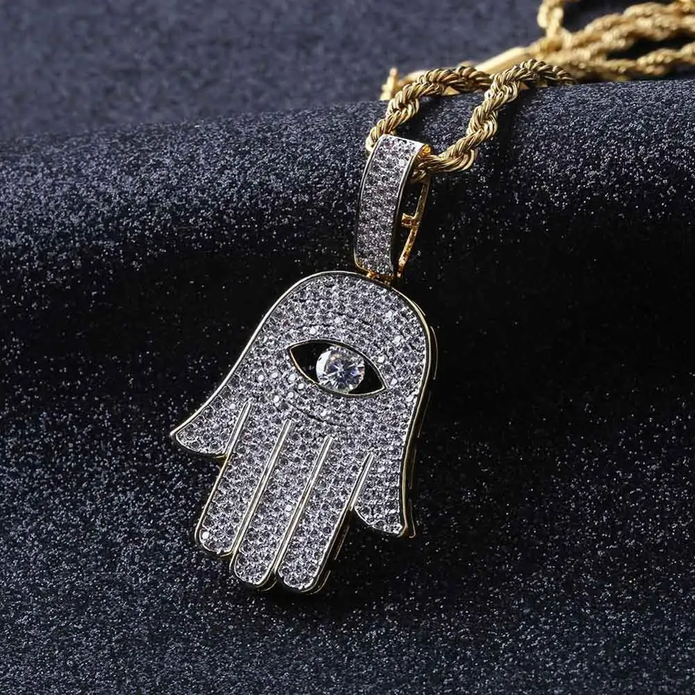 Фото Хип-хоп микро-асфальтированный AAA кубический цирконий Bling Iced Out Fatima ручной амулет подвески ожерелье для мужчин рэпер ювелирные изделия золотого цвета №3