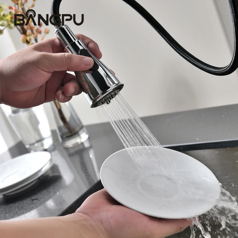 Фото Кухонный выдвижной смеситель BANGPU, кран для раковины с 1 отверстием, струйный распылитель, хромированный, с одной ручкой, из твердой латуни №3
