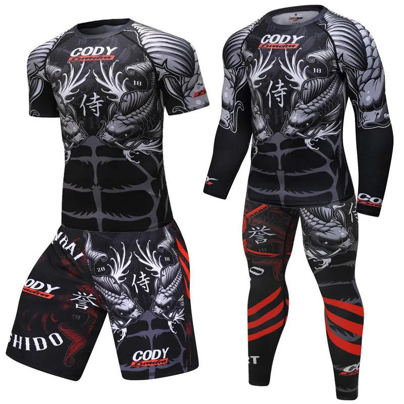 Фото Мужской набор для бокса, спортивный трикотаж + штаны, Рашгард MMA, комплекты для кикбоксинга, Компрессионные спортивные трикотажные костюмы, ... №2