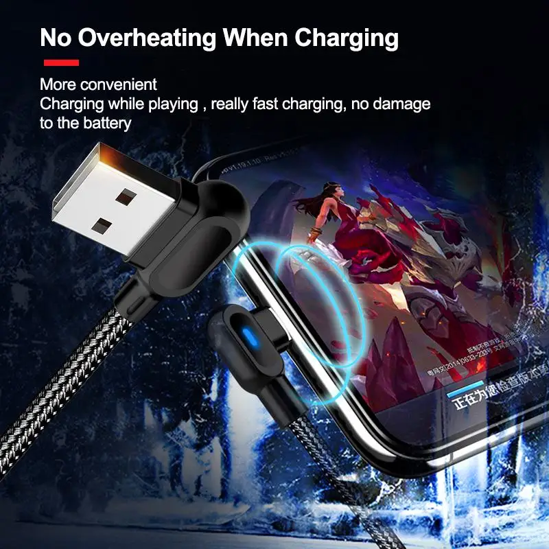 Фото USB-кабель типа C, шнур для быстрой зарядки, а, нейлоновые светодиодные фотокабели, 90 градусов, для IPhone, Huawei, Xiaomi Poco x3 pro, кабель для передачи данн... №2
