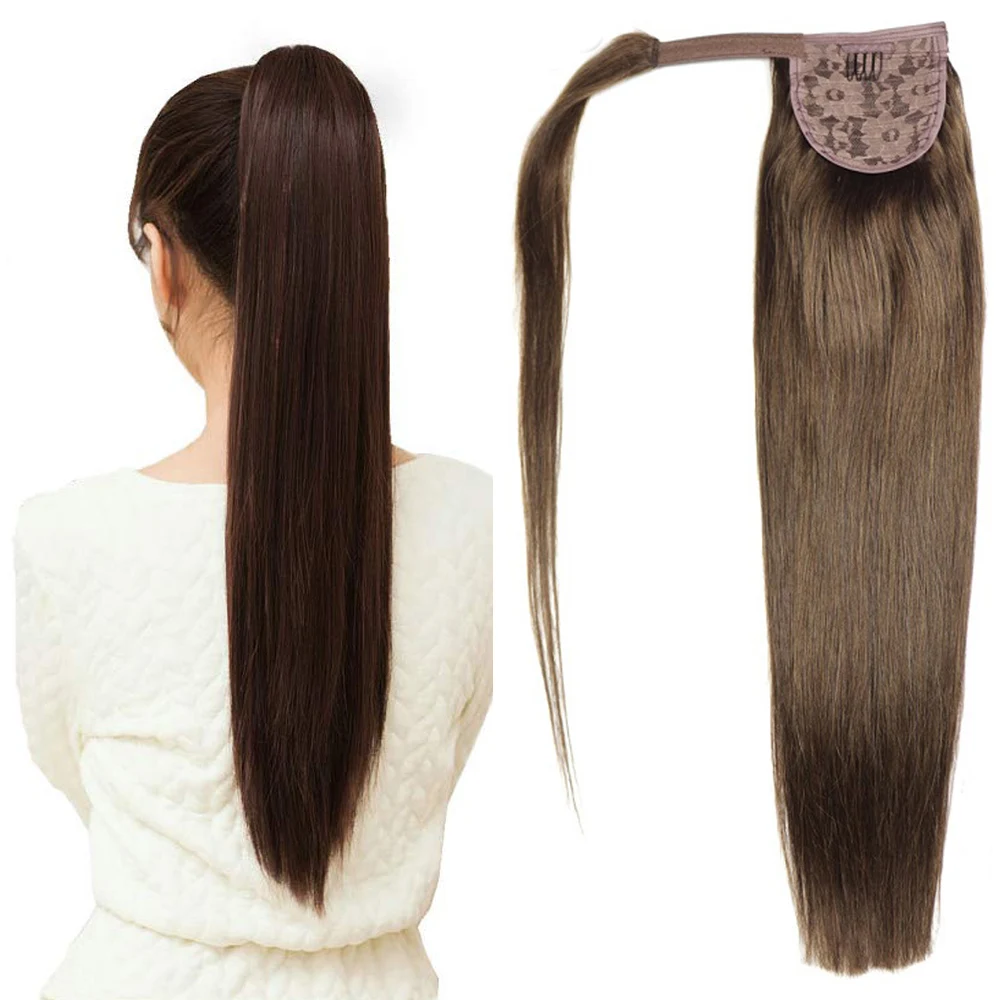 Фото ZZHAIR 100% Наращивание Человеческих Волос Remy, 16–28 Дюймов, Прямой Хвост На Клипсе, Волшебная Обертка №2