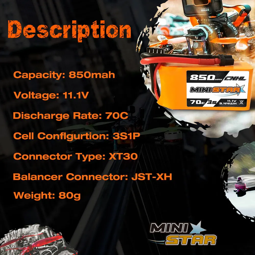 Фото 1/3 шт. CNHL Lipo 2S 3S 850 мАч батарея 7,4 В 11,1 В 70C с разъемом XT30 для Mini Quad RC FPV дрона квадрокоптера вертолета самолета №3