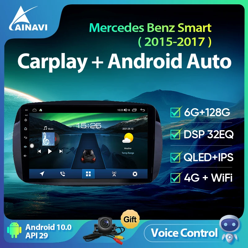 Автомагнитола Ainavi, Android 10,0, 6 + 128 ГГц, для Mercedes Benz Smart 2015-2017