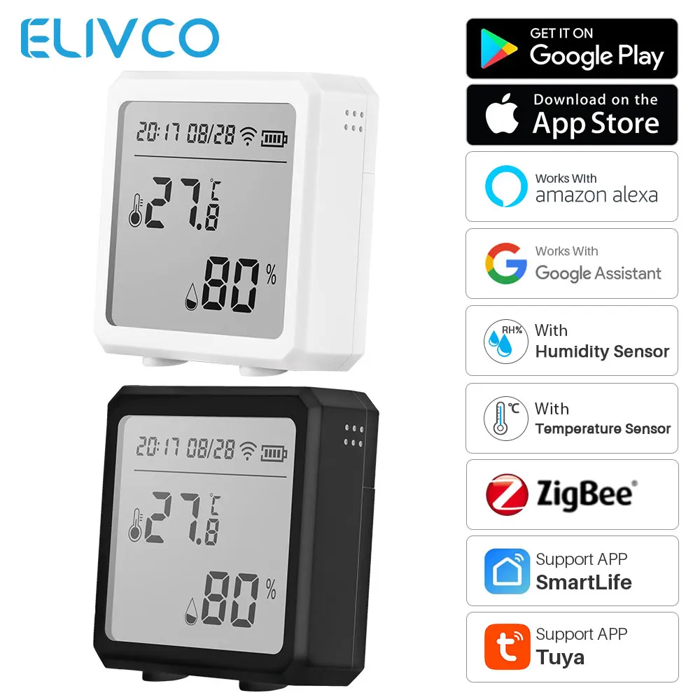 Датчик влажности и температуры Tuya Zigbee, комнатный гигрометр для умного дома, термометр, работает с Alexa Google Assistant