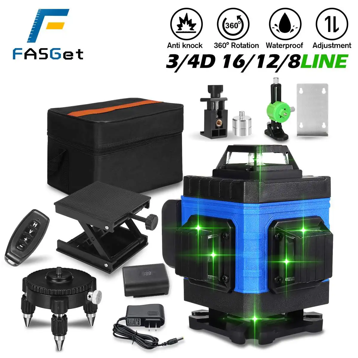 FASGet 8/12/16 линий светильник света 3D 4D автоматический самонивелирующийся лазерный уровень 360 горизонтальная регулировка супер мощный зеленый ...